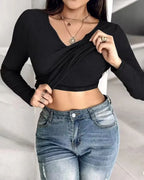 Notch Neck Ribbed Long-Sleeve with Built-In Bra