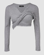 Notch Neck Ribbed Long-Sleeve with Built-In Bra