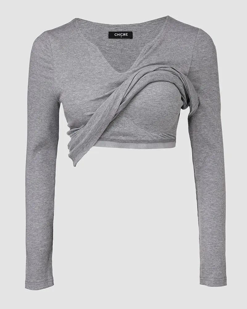 Notch Neck Ribbed Long-Sleeve with Built-In Bra