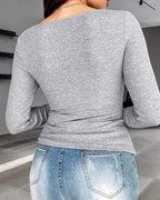 Notch Neck Ribbed Long-Sleeve with Built-In Bra