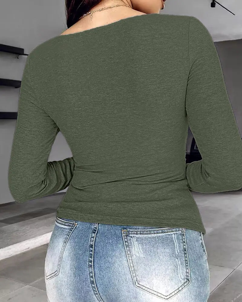 Notch Neck Ribbed Long-Sleeve with Built-In Bra