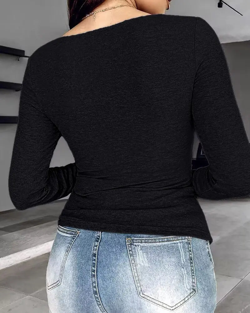 Notch Neck Ribbed Long-Sleeve with Built-In Bra