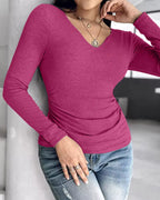 Notch Neck Ribbed Long-Sleeve with Built-In Bra